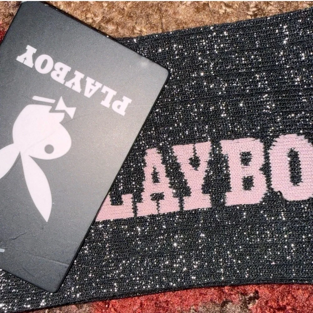 PLAYBOY Black and Pink Glittery Logo Crew Socks- NWT